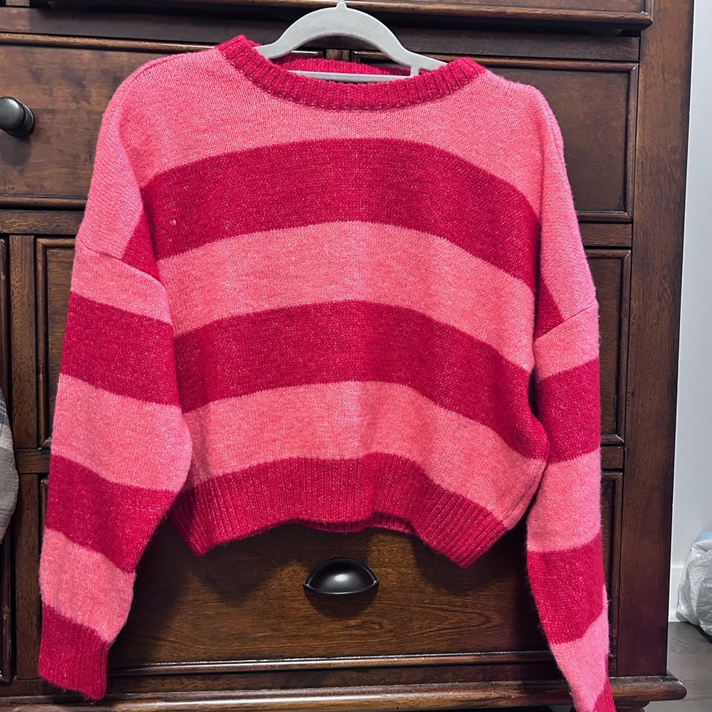 Primark Women's Bold Pink and Red Striped Sweater
